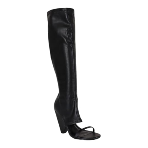 Liliana Women's Chunky Block Heel Peep Open Toe Knee High Boots Nano-11 Black 7