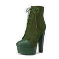 DearOnly Women Chunky Block Platform High Heel Round Toe Ankle Boots Short Bootie Zipper Party Cute Boots Dark Green