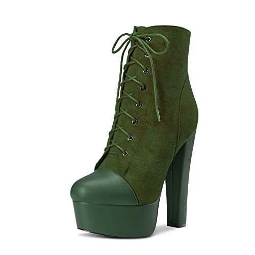 DearOnly Women Chunky Block Platform High Heel Round Toe Ankle Boots Short Bootie Zipper Party Cute Boots Dark Green