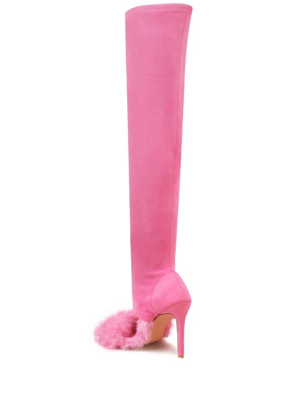Privileged Lemon Drop Everlynn Peep Toe Faux Fur Over the Knee Stiletto Boots for Women - Pink - 10