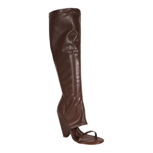 Liliana Women's Chunky Block Heel Peep Open Toe Knee High Boots Nano-11 Brown 7