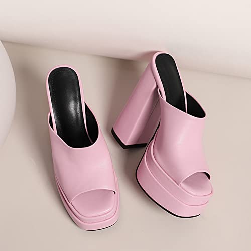 Makmeoyw Platform Heels Slippers Slip On Show Slingback Chunky Heels Sparkly Sandals Square Toe Mules Open Toe High Heels Slide-on Sandals Pink