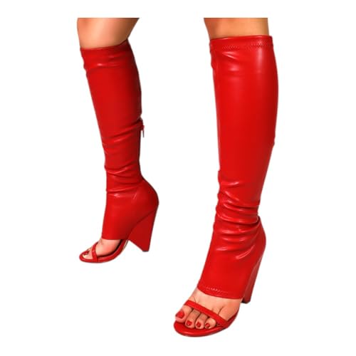Liliana Women's Chunky Block Heel Peep Open Toe Knee High Boots Nano-11 Red 7