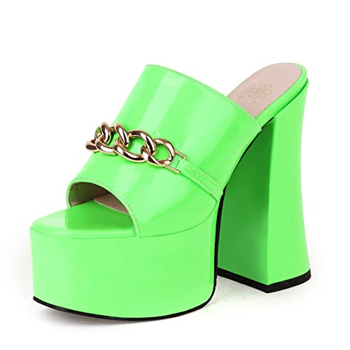 Makmeoyw Platform Heels Slippers Slip On Show Slingback Chunky Heels Sparkly Sandals Square Toe Mules Open Toe High Heels Slide-on Sandals Green Size 40