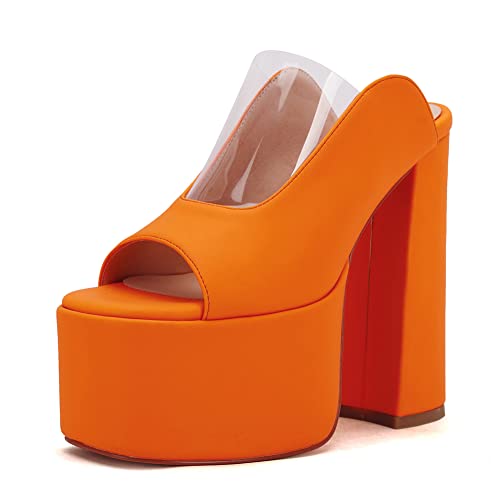 Makmeoyw Platform Heels Slippers Slip On Show Slingback Chunky Heels Sparkly Sandals Square Toe Mules Open Toe High Heels Slide-on Sandals Orange Size 37