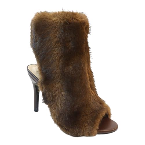 Liliana Women Peep Toe Faux Fur Stiletto Heel Ankle Booties Sebinah-1 Brown 7