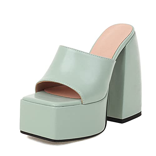 Makmeoyw Platform Heels Slippers Slip On Show Slingback Chunky Heels Sparkly Sandals Square Toe Mules Open Toe High Heels Slide-on Sandals Cyan