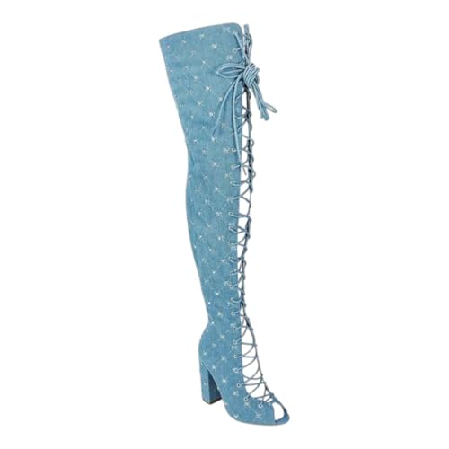 Women's Chunky Block Heel Lace-Up Over The Knee Thigh High Peep Toe Boots Legacy-14 Denim 7