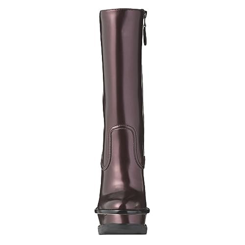 FSJ Women Platform Boots Closed Toe Thin Chunky Heel Side Zipper Double Platform Ankle Boots Punk Combat Mid Calf Boots Size 8 Rose Brown