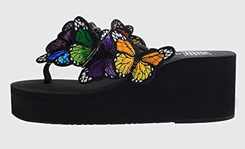 TOKYO-T Wedge Thong Sandals for Women Soft Cute Butterfly Flip Flop Platform Shoes 2.3 Heel (Black,9)