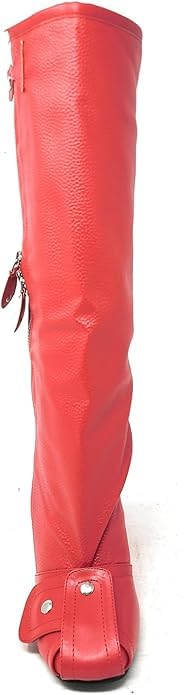 LEMONADE Women's Buckle Detail Square Toe Wedge Heel Knee High Long Boot﻿ Senna Red