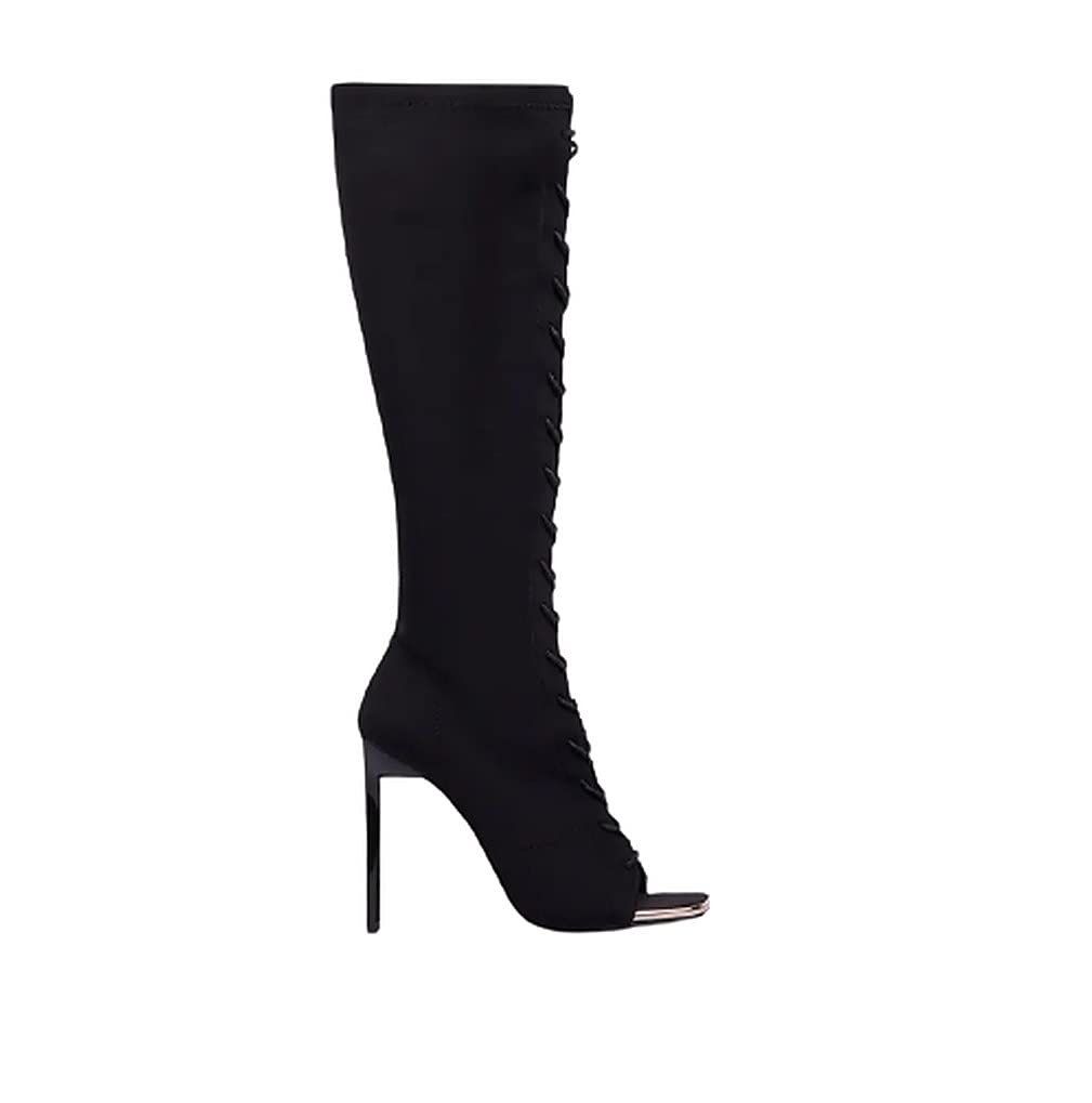 LEMONADE Lace up Stiletto Heel Knee High Boots For Women Black