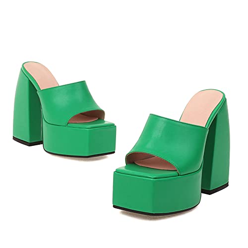 Makmeoyw Platform Heels Slippers Slip On Show Slingback Chunky Heels Sparkly Sandals Square Toe Mules Open Toe High Heels Slide-on Sandals Green Size 40