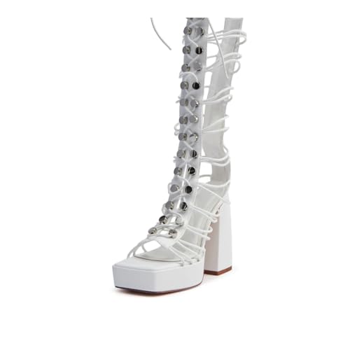 sexytag Women's Gladiator Knee High Platform Heels Lace-Up Chunky Heel Square Open Toe Cutout Back Zipper Strappy Heel Sandals for Clubwear Party Summer Fashion White
