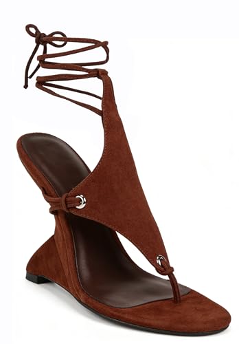 MissHeel Lace Up Sandal Heels Sexy Wedge Heels for Women Red Strappy Wedges Sandals Open Toe Dressy Thong-Heels Size 10