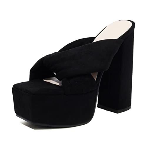 CoceMoce Gorgeous Thick Chunky High Heel Platform Pumps Black for Women Square Open Toe Cross-Band Backless Slip-On Summer Dress Shoes Ballroom Dancing Club Evening Party Size 10 US