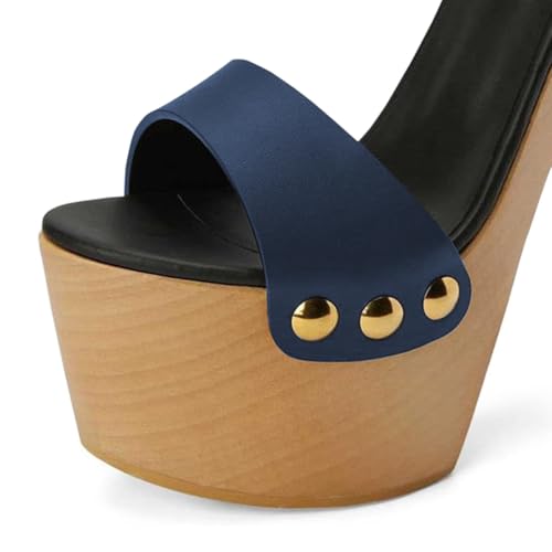 YDN Women's Platform Heeled Sandals Open Round Toe Chunky High Heels Backless Ankle Strap Sexy Casual Shoes for Spring Summer Party Navy & Green