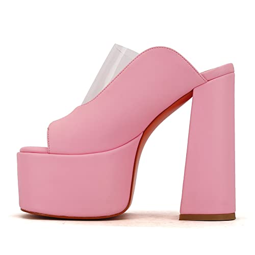 Makmeoyw Platform Heels Slippers Slip On Show Slingback Chunky Heels Sparkly Sandals Square Toe Mules Open Toe High Heels Slide-on Sandals Pink