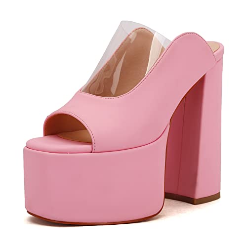Makmeoyw Platform Heels Slippers Slip On Show Slingback Chunky Heels Sparkly Sandals Square Toe Mules Open Toe High Heels Slide-on Sandals Pink