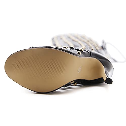 Womens Knee High Sandals Open Toe Lace Up Criss Cross Strappy Stiletto Heels Pointed Toe Boots,Black