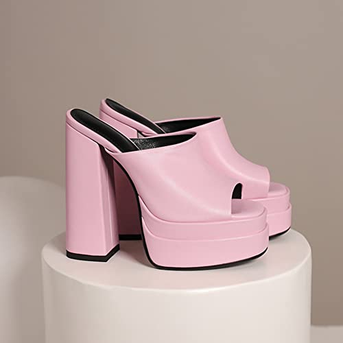 Makmeoyw Platform Heels Slippers Slip On Show Slingback Chunky Heels Sparkly Sandals Square Toe Mules Open Toe High Heels Slide-on Sandals Pink