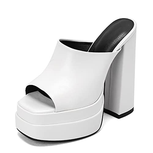 Makmeoyw Platform Heels Slippers Slip On Show Slingback Chunky Heels Sparkly Sandals Square Toe Mules Open Toe High Heels Slide-on Sandals White