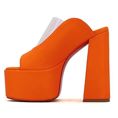 Makmeoyw Platform Heels Slippers Slip On Show Slingback Chunky Heels Sparkly Sandals Square Toe Mules Open Toe High Heels Slide-on Sandals Orange