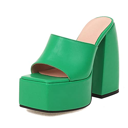 Makmeoyw Platform Heels Slippers Slip On Show Slingback Chunky Heels Sparkly Sandals Square Toe Mules Open Toe High Heels Slide-on Sandals Green