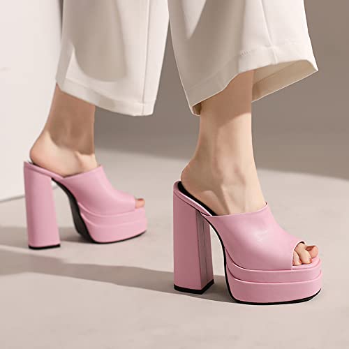 Makmeoyw Platform Heels Slippers Slip On Show Slingback Chunky Heels Sparkly Sandals Square Toe Mules Open Toe High Heels Slide-on Sandals Pink
