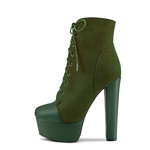 DearOnly Women Chunky Block Platform High Heel Round Toe Ankle Boots Short Bootie Zipper Party Cute Boots Dark Green