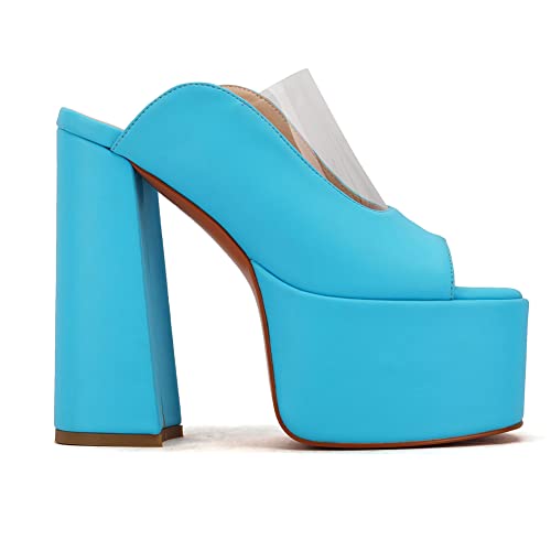 Makmeoyw Platform Heels Slippers Slip On Show Slingback Chunky Heels Sparkly Sandals Square Toe Mules Open Toe High Heels Slide-on Sandals Blue Size 34