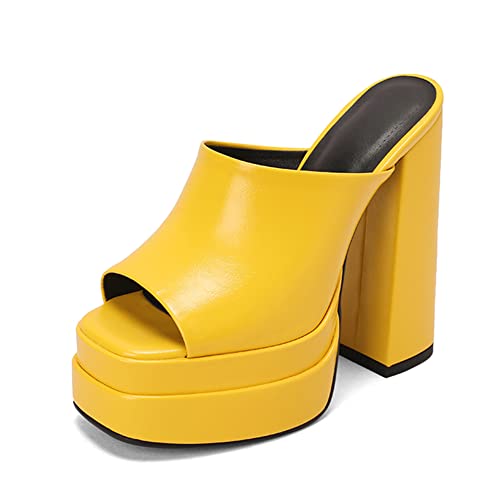 Makmeoyw Platform Heels Slippers Slip On Show Slingback Chunky Heels Sparkly Sandals Square Toe Mules Open Toe High Heels Slide-on Sandals Yellow Size 40