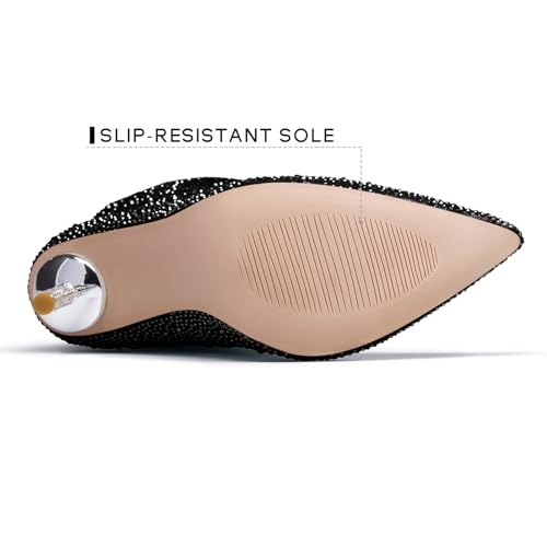 Driceic Women's Black Mid Calf Sparkly Rhinestone Stiletto Heel Western Wide Calf Short Cowboy Boots Sexy Pointed Toe Dress Party Boots