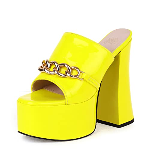 Makmeoyw Platform Heels Slippers Slip On Show Slingback Chunky Heels Sparkly Sandals Square Toe Mules Open Toe High Heels Slide-on Sandals Yellow Size 40