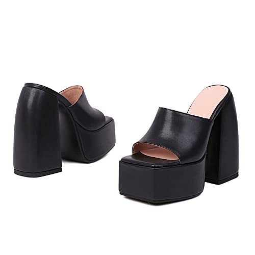 Makmeoyw Platform Heels Slippers Slip On Show Slingback Chunky Heels Sparkly Sandals Square Toe Mules Open Toe High Heels Slide-on Sandals Black