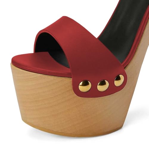YDN Women's Platform Heeled Sandals Open Round Toe Chunky High Heels Backless Ankle Strap Sexy Casual Shoes for Spring Summer Party Red