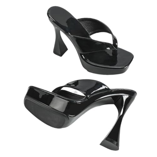 TZNBGGE Women's Laser Glossy Platform High Heel 4.72in Flip Flops Square Toe Non-slip Mule Stilettos Slides Sandals for Nightclub Party Dating (Black,8)