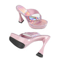 TZNBGGE Women's Laser Glossy Platform High Heel 4.72in Flip Flops Square Toe Non-slip Mule Stilettos Slides Sandals for Nightclub Party Dating (pink,6)