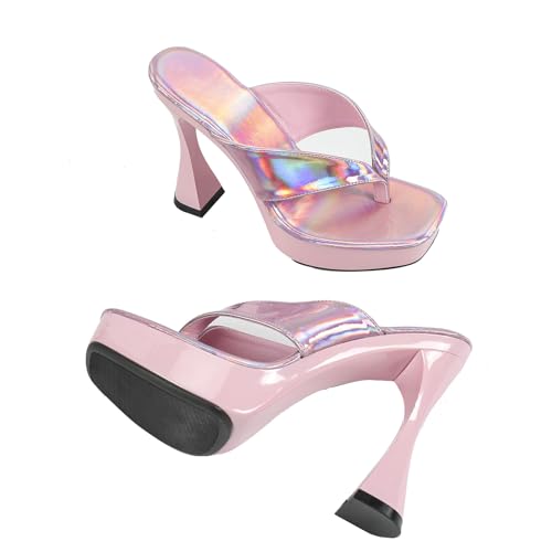 TZNBGGE Women's Laser Glossy Platform High Heel 4.72in Flip Flops Square Toe Non-slip Mule Stilettos Slides Sandals for Nightclub Party Dating (pink,6)