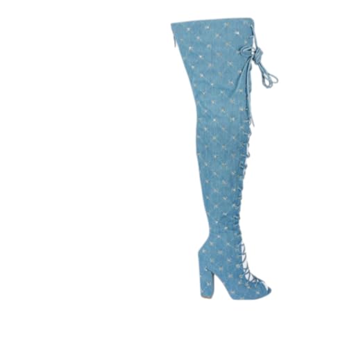 Women's Chunky Block Heel Lace-Up Over The Knee Thigh High Peep Toe Boots Legacy-14 Denim 7