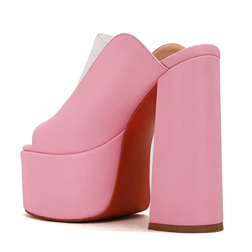 Makmeoyw Platform Heels Slippers Slip On Show Slingback Chunky Heels Sparkly Sandals Square Toe Mules Open Toe High Heels Slide-on Sandals Pink