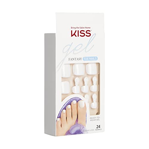 KISS Gel Fantasy Collection Ready-To-Wear Fake Toenails Pedicure Set, Style 'This is Classic', with Mini Nail File, Pink Gel Nail Glue & 24 White Smudge-Proof Glue-On Toenails