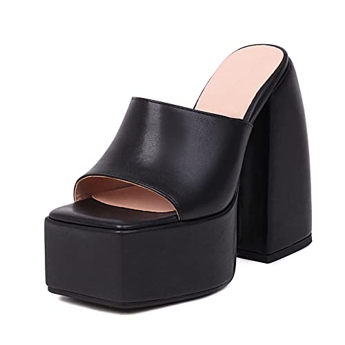 Makmeoyw Platform Heels Slippers Slip On Show Slingback Chunky Heels Sparkly Sandals Square Toe Mules Open Toe High Heels Slide-on Sandals Black