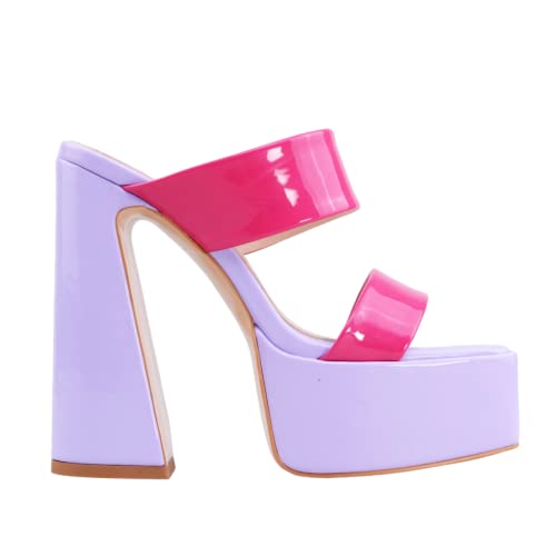 Frankie Hsu Women's Chunky Block Platform Sandals Cheerleader Cute Lovely Hot Pink Purple Orange Green Patent High Heeled Square Toe Fashion Classic Big Size Sandal