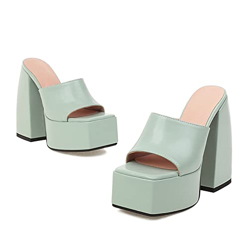 Makmeoyw Platform Heels Slippers Slip On Show Slingback Chunky Heels Sparkly Sandals Square Toe Mules Open Toe High Heels Slide-on Sandals Cyan