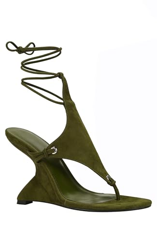 MissHeel Lace Up Sandal Heels Sexy Wedge Heels for Women Green Strappy Wedges Sandals Open Toe Dressy Thong-Heels Size 10