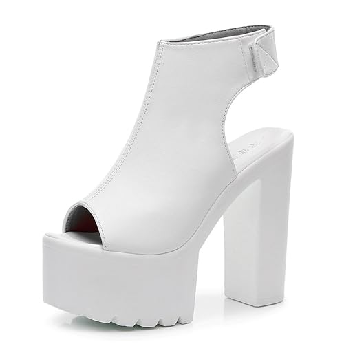 FIFILAPIN Women'S Peep Toe Super High Heel Platform Sandals With Hook And Loop Fashion Round Toe Chunky Platform Slingback Non-Slip Party Dress Shoes For Party, Evening Party, Date (white,8.5)