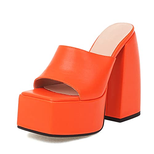 Makmeoyw Platform Heels Slippers Slip On Show Slingback Chunky Heels Sparkly Sandals Square Toe Mules Open Toe High Heels Slide-on Sandals Orange Size 40
