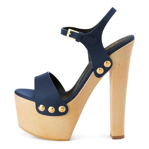 YDN Women's Platform Heeled Sandals Open Round Toe Chunky High Heels Backless Ankle Strap Sexy Casual Shoes for Spring Summer Party Size 7 Navy Blue