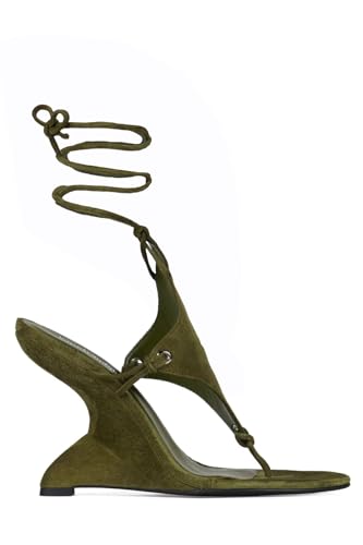 MissHeel Lace Up Sandal Heels Sexy Wedge Heels for Women Green Strappy Wedges Sandals Open Toe Dressy Thong-Heels Size 10